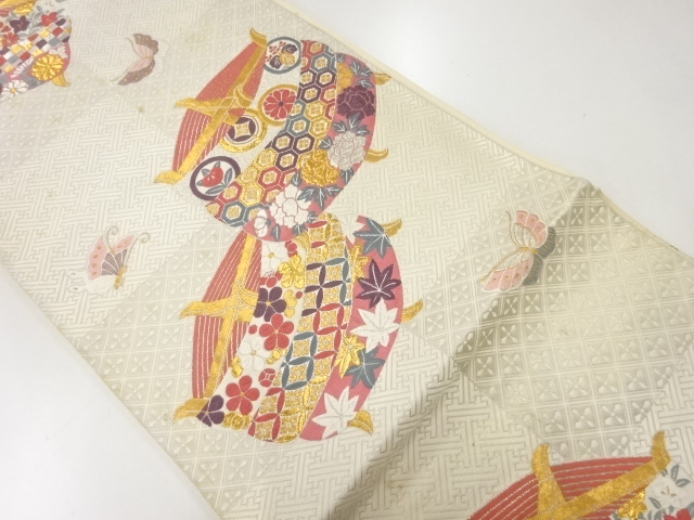 アンティーク　糸巻きに花・古典柄模様織出し袋帯（材料）